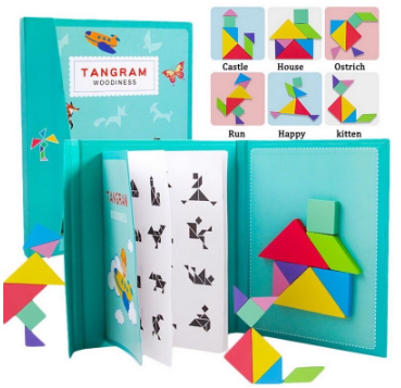 Travel Magnetic Jigsaw Puzzle Tangram Montessori IQ Teaser Wooden Blocks Board Game