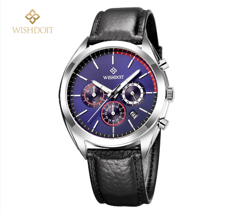 WISHDOIT Watch For Men Original Waterproof Leather Strap Business Quartz Fashion Luminous Wristwatch BLUE
