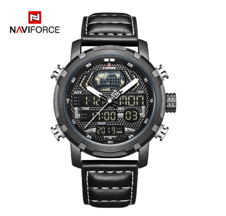 Naviforce Men Top Brand Luxury Sport Leather Strap 30M Waterproof Miliary Dual Display Wristwatch BLACK WHITE