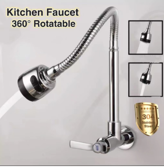 DHD 304 Wall Mounted Kitchen Faucet Sink Universal Flexible Single Cold Stainless Steel Wall Tap