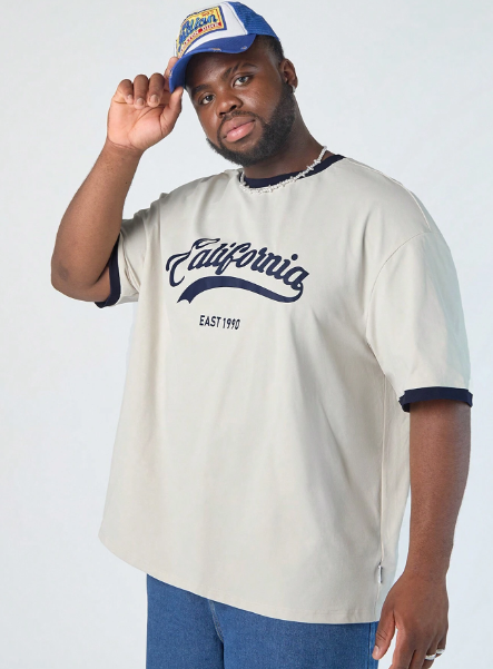 Manfinity CozeMod Men's Plus Size Casual Knitted Loose Short Sleeve T-Shirt With Letter Print And Wide Shoulder, Suitable For Summer And Daily Wear