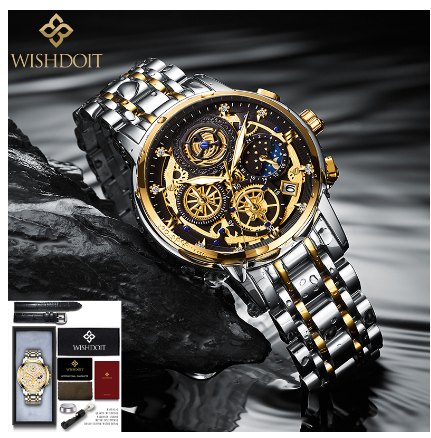 WISHDOIT Watch for Men Original Waterproof Stainless Steel Multifunction Chronograph Calendar Luminous Business Fashion Watch  GOLDEN BLACK