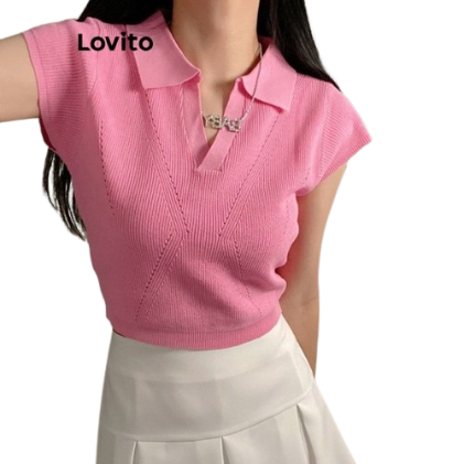 Lovito Women Casual Plain Rib Knit Blouse LNL36069