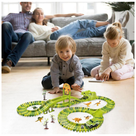 161pcs/set Children Dinosaur Model Electric Rail Car DIY Assembled Building Block Tracks Toy Gift