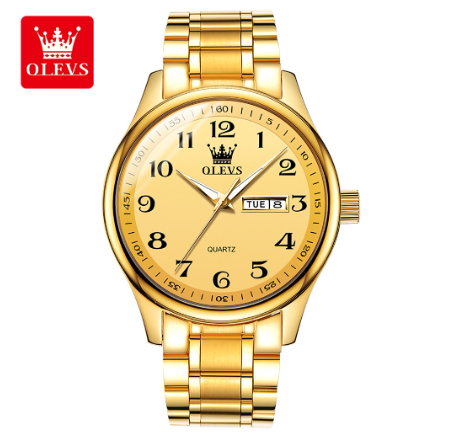 Olevs Watch For Men Quartz Original Waterproof Calendar Digital Face Movement Stainless Steel Band Authentic Fashion Watch GOLD DIAL GOLD STRAP