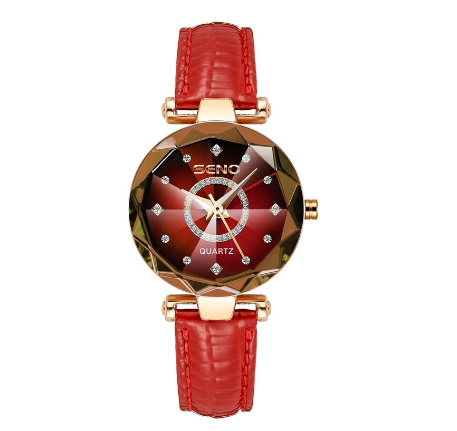 Seno Ocean Star Steel Band Women's Watch Fashion Crystal Ladies Quartz Wristwatch RED LEATHER LEATHER