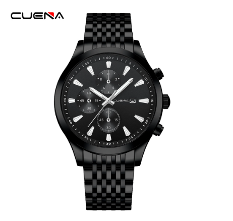 CUENA Original Men's Watches Fashion Brand Stainless Steel Gold Luxury Business Casual Water Resistant Quartz Analog Watch BLACK SILVER