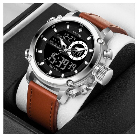 Wwoor Watch Original Waterproof Casual Men Sports Quartz Watch BROWN LEATHER SILVER BLACK