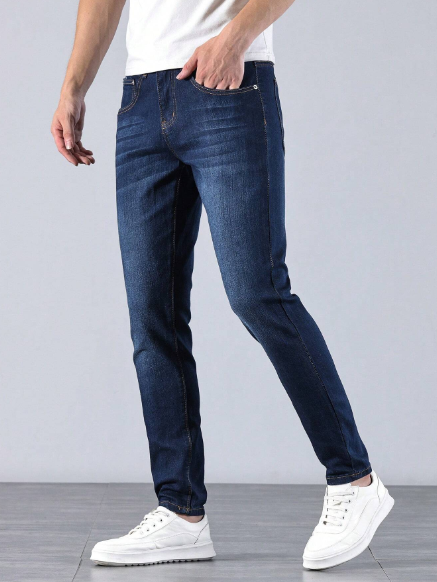 Manfinity Homme Men's Slim Fit Denim Pants With Classic Pockets, Suitable For Daily And Casual Wear