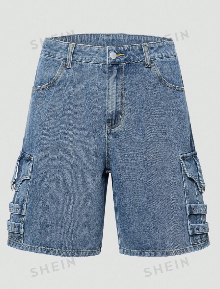 ROMWE Street Life Men Flap Pocket Side Cargo Denim Shorts For Summer