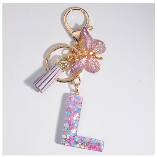 Sweet Heart Sequin Filled A-Z Letter Keychains With Tassel Fashion Butterfly 26 Alphabet Keyring Car Keyholder Birthday Gifts I