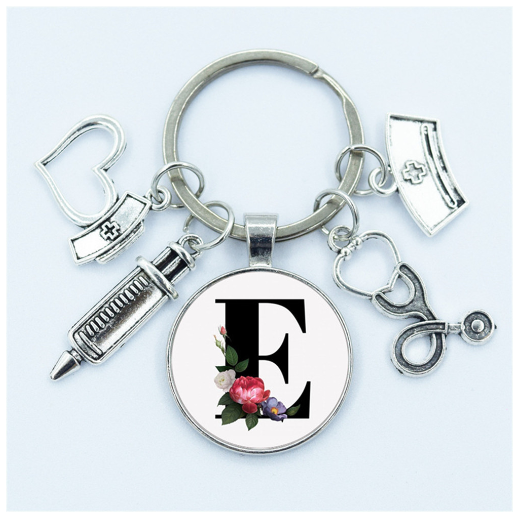 1Pcs Creative Stethoscope Syringe 26 Letter Keychains Nurse Cap Initials Metal Keyrings Bag Ornaments Charms Gifts Souvenir E