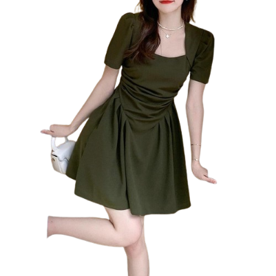 Lovito Casual Plain Ruched Asymmetrical Square Neck Short Sleeves A-Line Mini Dress for Women LNL03065 (Dark Green)