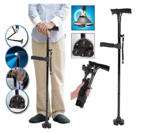 Tong's Trusty Cane Folding Walking Triple Head Pivoting Base with LED