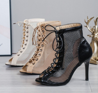 Mesh Fish Mouth Sandals Women Summer Stiletto Heel Hollow Short Boots Jazz Dance Dancing High Heels Lace-Up Nightclub Disco
