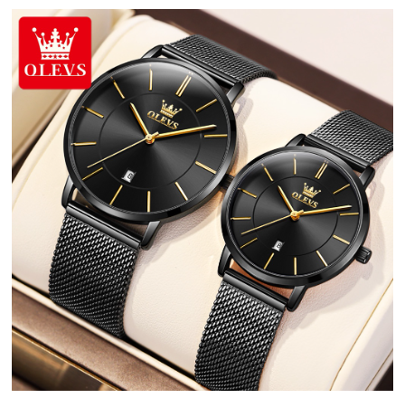 Olevs Couple Watch Waterproof Original Stainless Steel Black Fashion Calendar Ultra Thin Quartz Analog Wrist Watch ALL BLACK