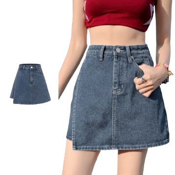 Lovito Women Casual Plain Fake 2 In 1 Pocket Denim Shorts L77ED003