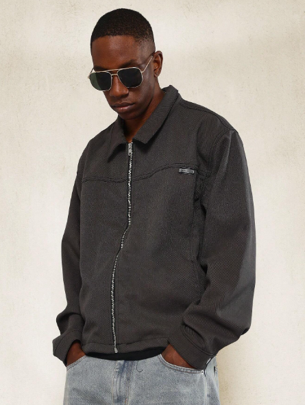 SUMWON Boxy Twill Zip Through Denim Jacket With PU Patch