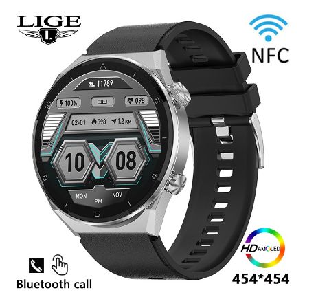 Original LIGE NFC Access Control Smart Watch AMOLED 454*454 IPW8 WaterProof SmartWatch Men Bluetooth Calling Sports Watch   SILVER