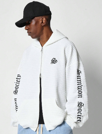 SUMWON Oversized Quilted Texture Zip-Up Hoodie With Letter Graphic Print