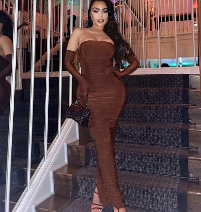 Fashion Women's Off Shoulder Pleated With Gloves Elegant Long Dress