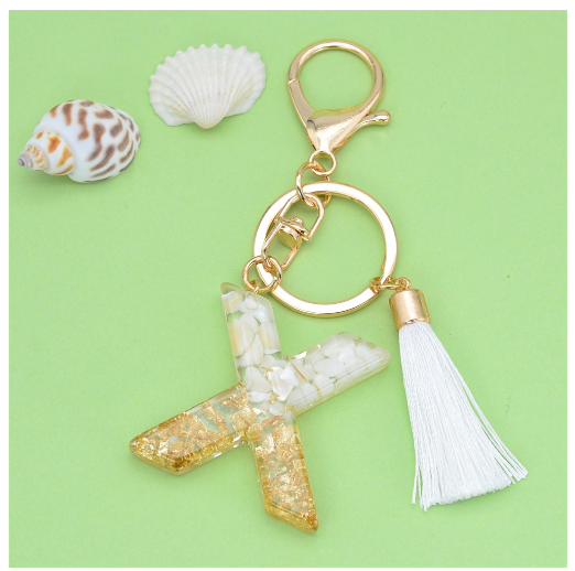 1Pc Gold Tassel Alphabet Keychain English Letter Keyring Glitter Gradient Resin Gold Leaf Crafts Car Mirror Handbag Charms X