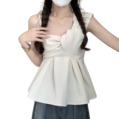 Lovito Casual Plain Asymmetrical Knot Top for Women LNE16076 (White)