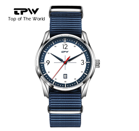 TPW Men Watch Fabric Strap Wrist Watches White Dial Date Window Calender Quartz Watch BLUE