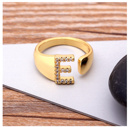 Fashion Chunky Wide Hollow A-Z Letter Gold Color Opening Ring Initials Name Alphabet Female Jewelry E
