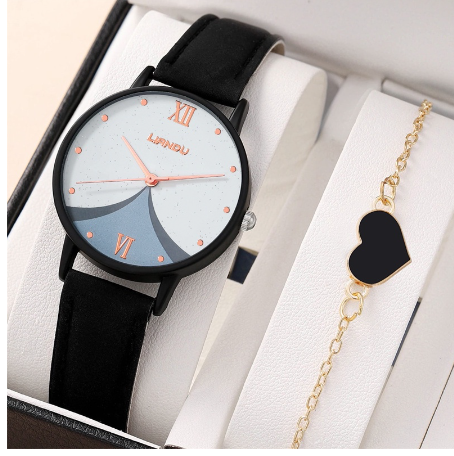 Original Sports Waterproof Black Leather Strap Watch for Women with Bracelet