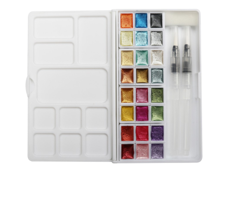 SeamiArt 12 24 Colors Glittery Metallica Solid Watercolor Set With 1 Pc. Plastic Box And Palette For Painting Decoration Nail