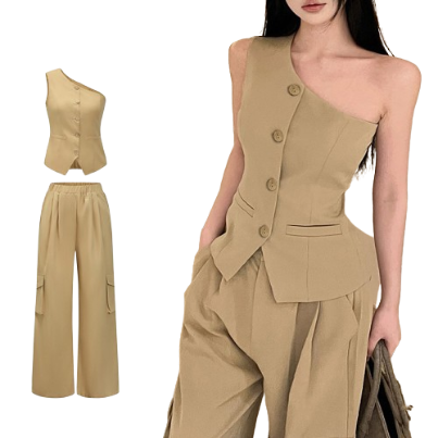 Lovito Women Casual Plain Button Asymmetrical One Shoulder Pants Sets L70AD144 (Sets)