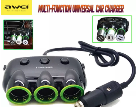 Awei C 35 Multi Function Universal Car Charger 3 Socket Adapter With 2 Usb Port