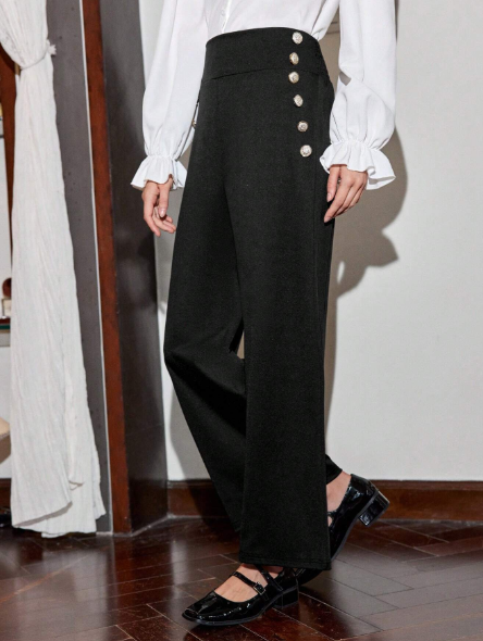 Retrotrend Kids Teen Girls' Button Decoration Simple Daily Long Pants