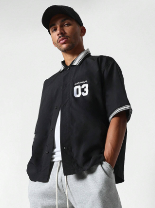 SUMWON Boxy Fit Nylon Shirt With Contrast Polo Collar & Sleeve And Front Embroidery