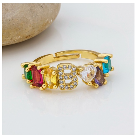 Hot Sale Adjustable A-Z 26 Initial Ring Bohemian Copper Zircon Rainbow Letter Rings for Women Girls Jewelry B