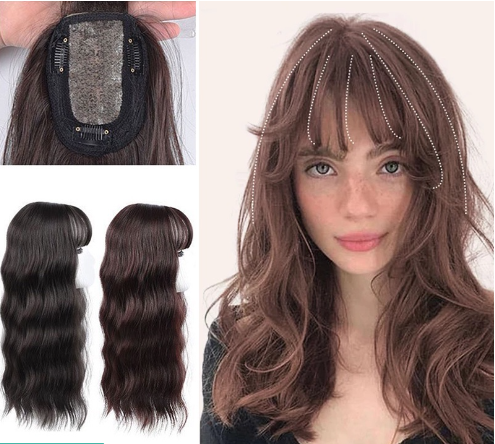 Long Wavy Wig With Fringe Synthetic Block Replacement Wig Women Cover The White Hair Hairpiece