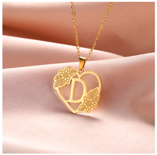 A-Z Initial Flower Necklace Women Stainless Steel Letter Heart Pendant Necklace Choker D