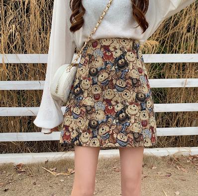 Spring, Autumn and Winter Retro Style Print Bear Skirt Plus Size High Waist Wrap Hip Skirt Plus Size Fashion Loose