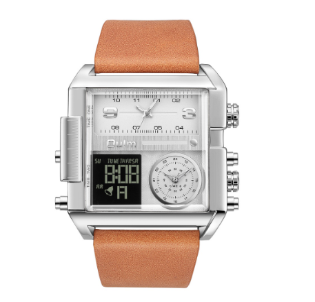 Oulm Mens Big Dial Sports Watches Military Digital Quartz Watch Luxury Brand Fashion Square Dial Leather Wristwatch WHITE