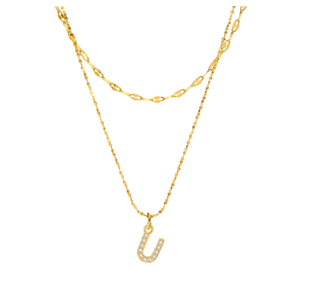 Vnox Double Layered Letter Initial Pendant Necklace,Gold Plated Shiny Zircon Alphabet Charm Necklace for Women U