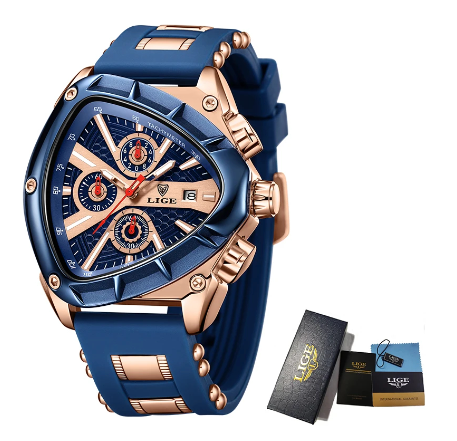 LIGE Official Relo Male Business Quartz Watches Silicone Strap Sport Chronograph Wristwatch Waterproof Luminous Triangle Watches ROSEGOLD BLUE