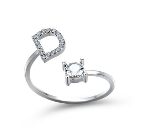 Silver A-Z Letters Ring for Women Cubic Zirconia Initial Letter Ring Fashion Jewelry Gift Adjustable D