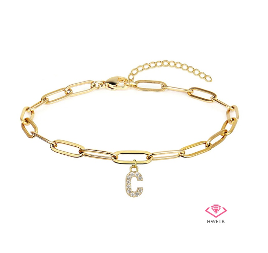 Hwetr Fashion 26 A-Z Initial Bracelet For Women Classic Zircon Letter Pendant Paper Clip Chain Bracelet Jewelry Accessories Gift C