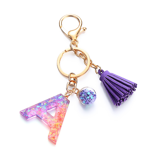 Cute Creative 26 Letter Alphabet Crystal Glitter Resin Keychain Women Tassels Keyring Car Key Holder Bag Charms Accessories A