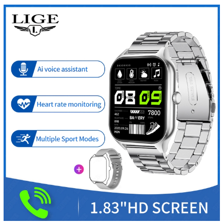 LIGE Original Smart Watch Men Women 1.83 inch HD Screen Bluetooth Call Smart Bracelet Men Health Monitor Sport Watch STEEL SILVER