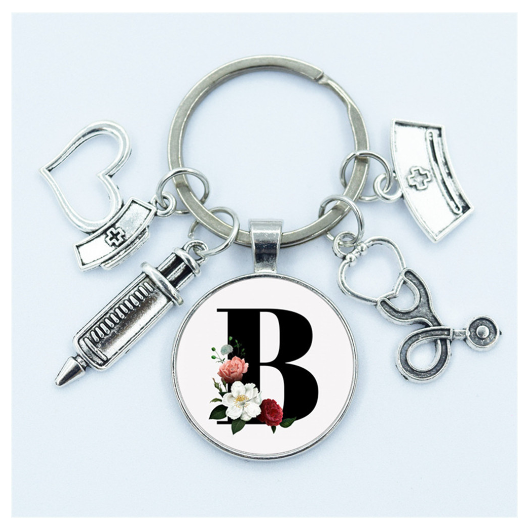 1Pcs Creative Stethoscope Syringe 26 Letter Keychains Nurse Cap Initials Metal Keyrings Bag Ornaments Charms Gifts Souvenir B