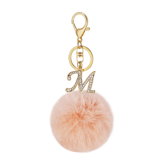 New 26 Letter Rhinestone Alloy Keychain Charm Girls Pink Pompom Key Ring Car Key Holder Women Bag Ornaments Accessories M