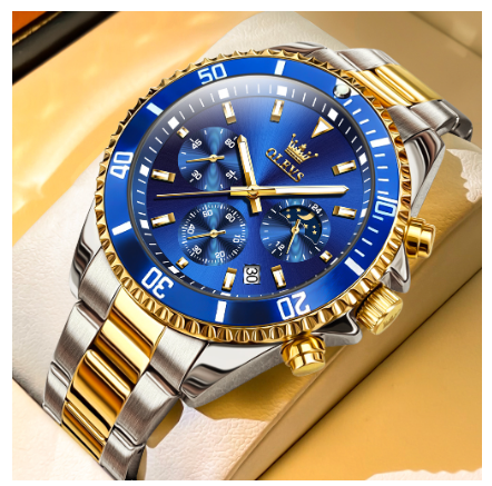 Olevs Fashion Watch For Men Quartz Authentic Water Proof Original Stainless Steel Business Calendar Chronograph Luminous Watch BLUE DIAL TWO TONE STRAP