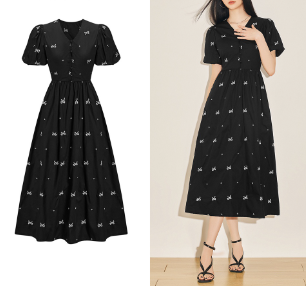 Lovito Women Button Draped Puff Sleeve Dress L61AD075 Black